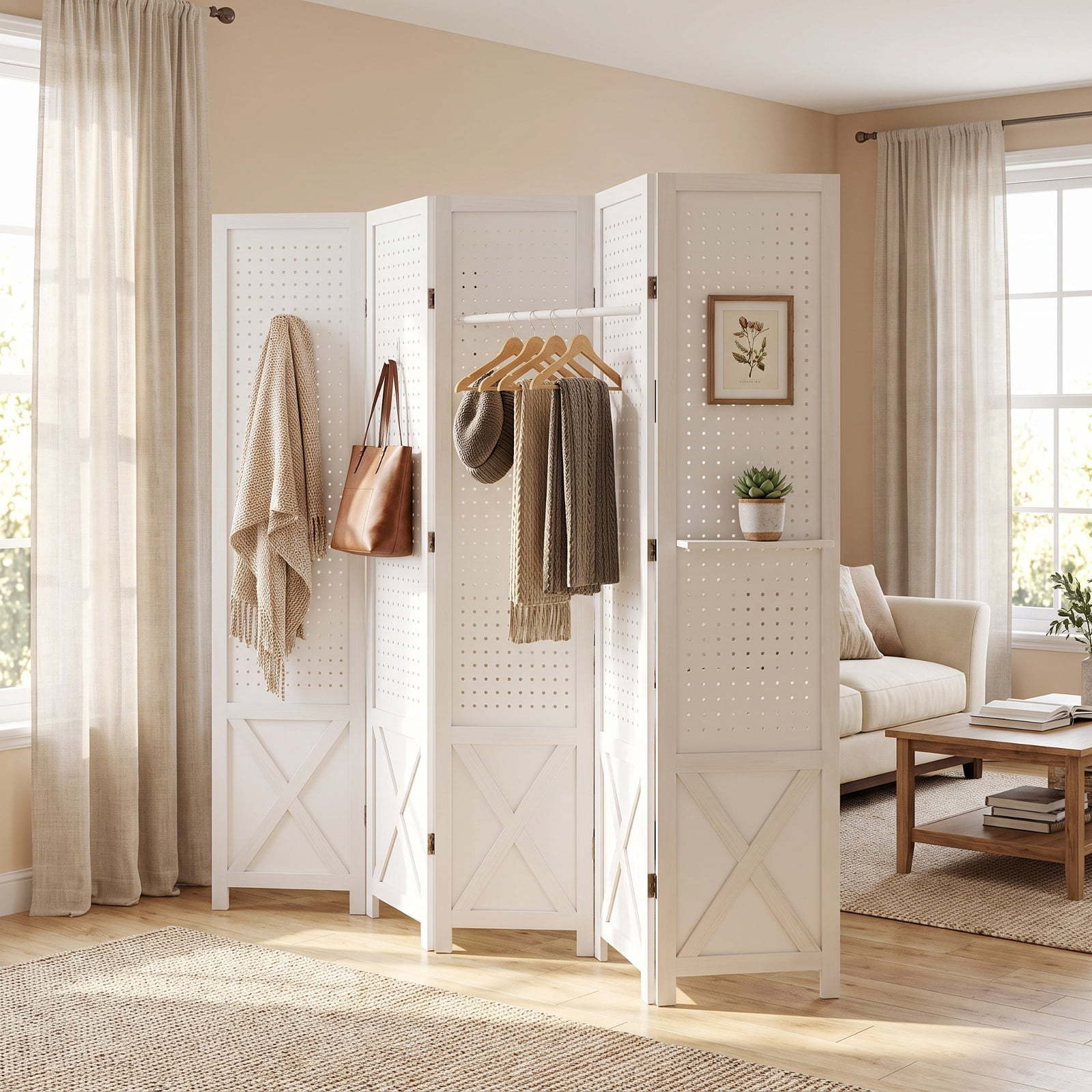 Vebreda 6-Panel Pegboard Room Divider, 67 in Tall Foldable Wood Privacy Screen with Peg Holes for Hanging Storage, Freestanding Partition for Home Office, White