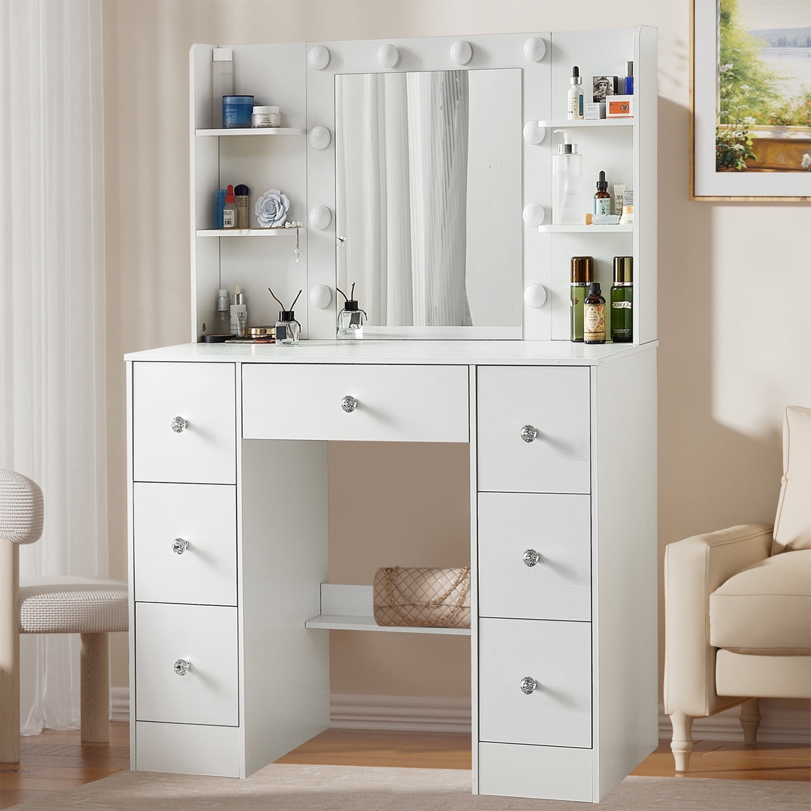 IRONCK Vanity Desk with LED Mirror, Power Outlet, Makeup