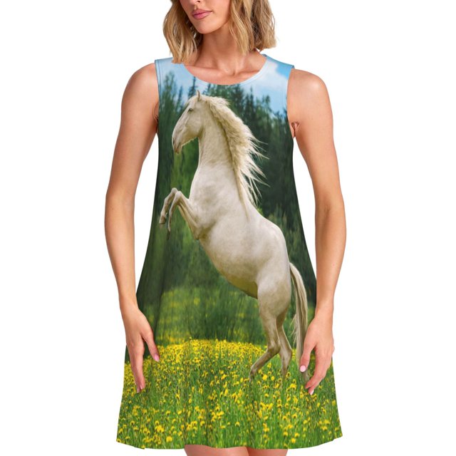 Easygdp Horse Rearing Up In The Field para Vestido Transpirable de Mujer, Vestido Suelto de Manga Corta con Pliegues y Bolsillos para el Verano