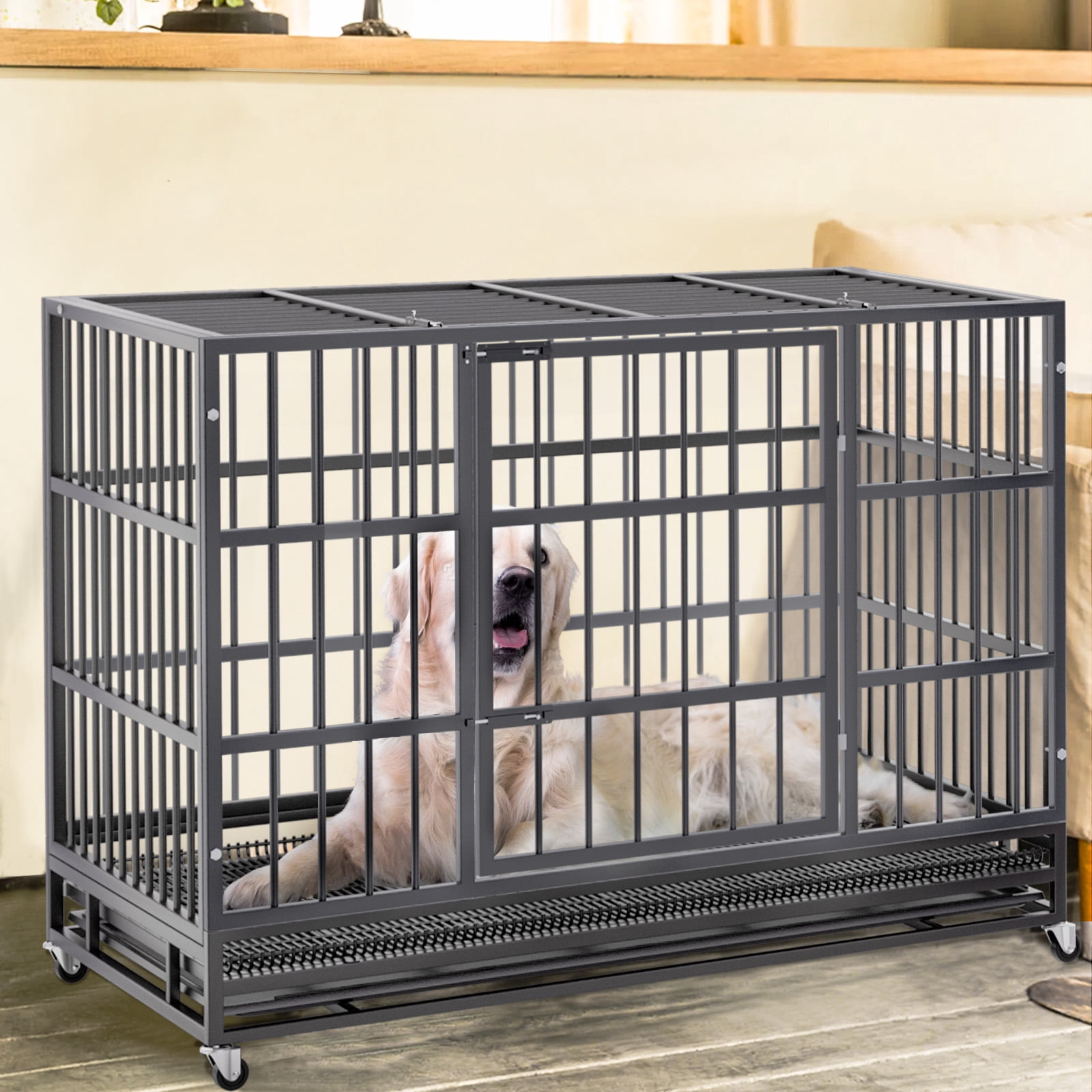 Waleaf 38 Inch Heavy Duty Dog Crate Cage with Wheels for Indoor, Large Dog Kennel with Removable Tray