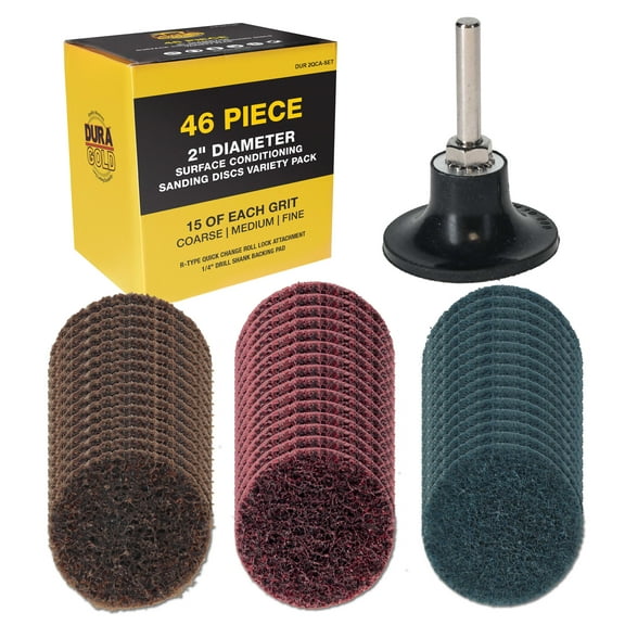 Dura-Gold 46-Piece 2" Diameter Surface Conditioning Sanding Discs Variety Pack - 15 Each Coarse, Medium, Fine Grit Discs, R-Type Quick Change Roll Lock Connection, 1/4" Drill Shank Backing Pad