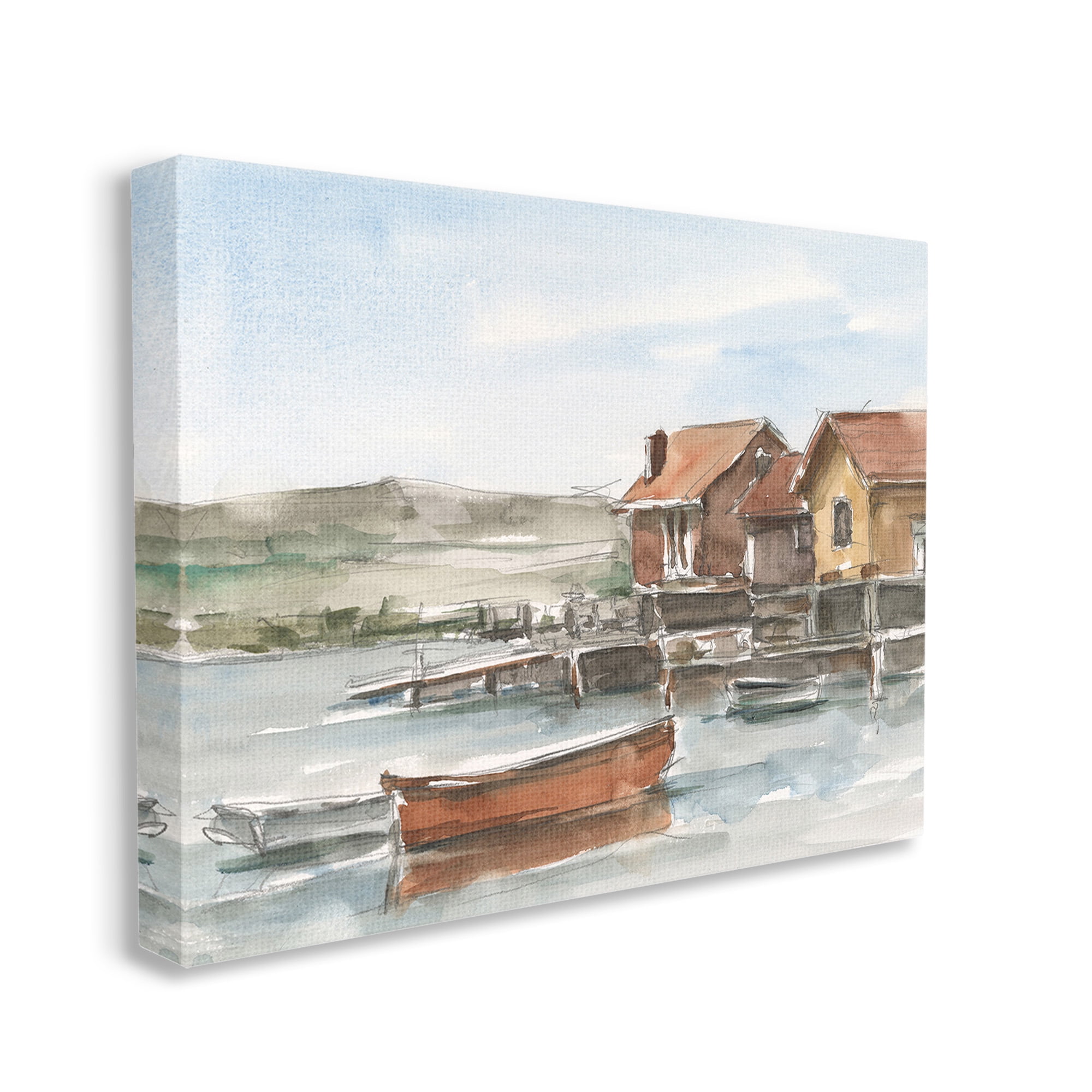 Stupell Industries Lake House Boats Landscape Painting Gallery Wrapped Canvas Art Print Wall Art, 40 x 30