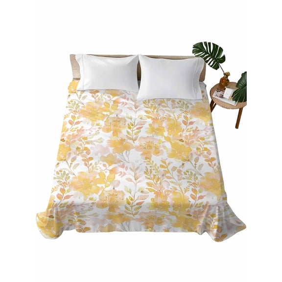 California King Flat Sheet 108"x98", Yellow Flowers Soft Lightweight Bedding Flat Sheets Only, Watercolor Summer Botanical Floral Brushed Microfiber Top Bed Sheet, Breathable StainResistant Bedsheets