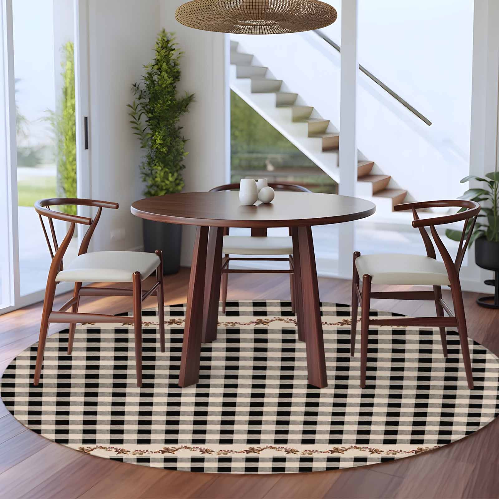 Round Rug 6Ft Washable Non-Slip, Western Texas Star Retro Circle Area Rugs for Living Room Bedroom, Country Vintage Black Beige Plaid Indoor Floor Mats Carpet Runner for Home Decor Aesthetic