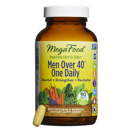 MegaFood - Men Over 40 One Daily, Multivitamin Support for Healthy Energy Levels, Prostate Function, Mood, and Bones with Zinc and B Vitamins, Vegetarian, Gluten-Free, Non-GMO, 90