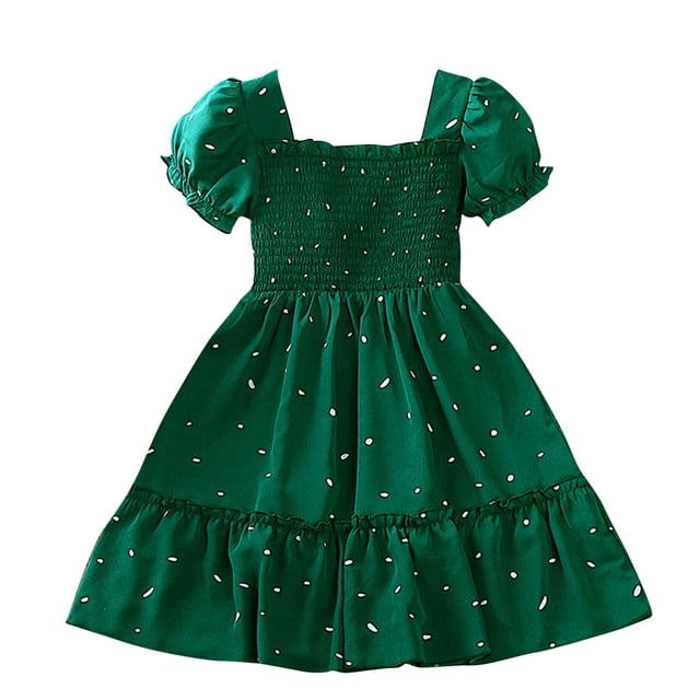 MeetoTime Robe d'Été pour Filles à Manches Bouffantes, Encolure Carrée, Imprimé à Pois, Robes Patchwork, 2-7 Ans, Vêtements pour Bébé