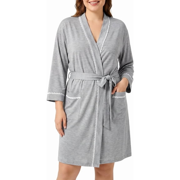 Loritta Secret Robe for Women 3/4 Sleeves Lace Trim Knit Lightweight Knee Length Bathrobe Soft Sleepwear Robe with Pockets