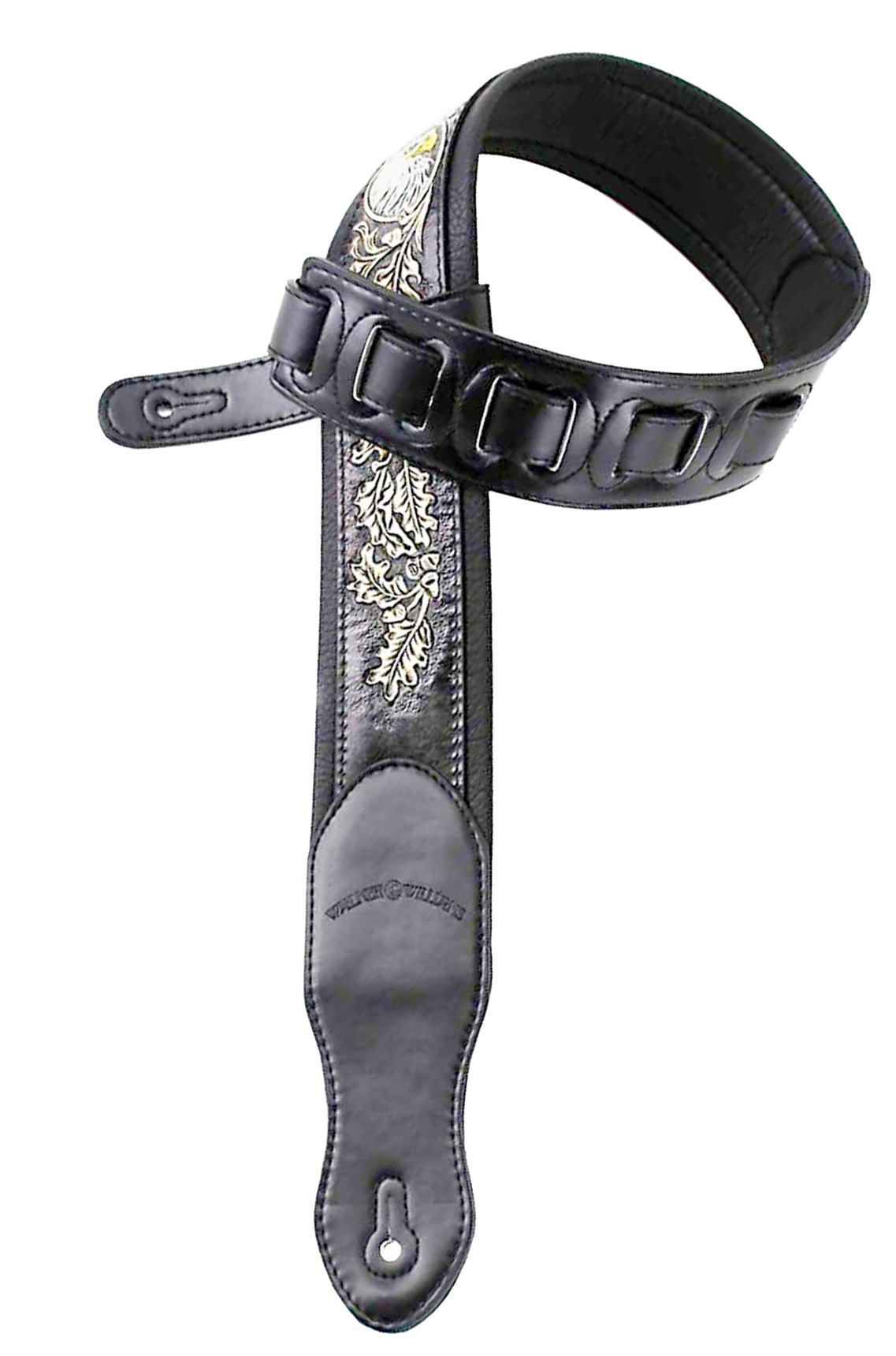 Walker & Williams KB-03-BLK Soft Matte Black Full Grain Center Block Carving Leather Padded Guitar Strap With American Eagle & Oak Leaves