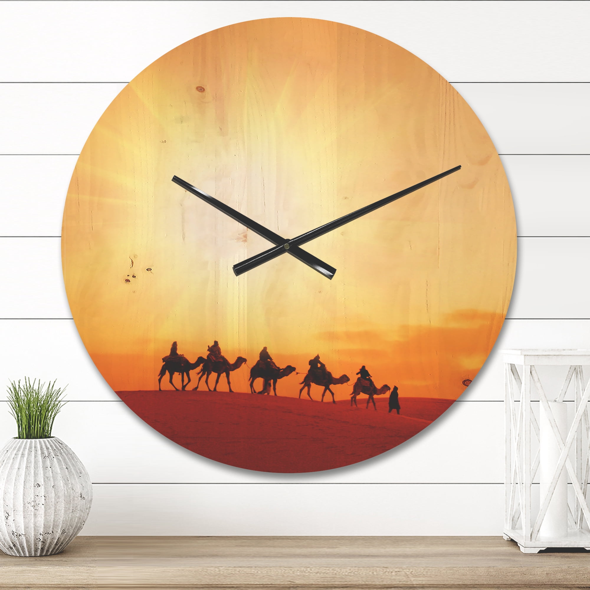Designart 'Camel Caravan in Sahara Dessert ' Modern Wood Wall Clock