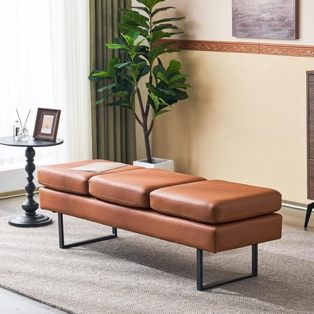 OmySalon Waiting Room Bench for Salon, 59.5'' Reception Bench Office Chair Seating, Faux Leather Guest Lobby Furniture Conference Room Chair for Beauty Barber Barbershop, Cognac