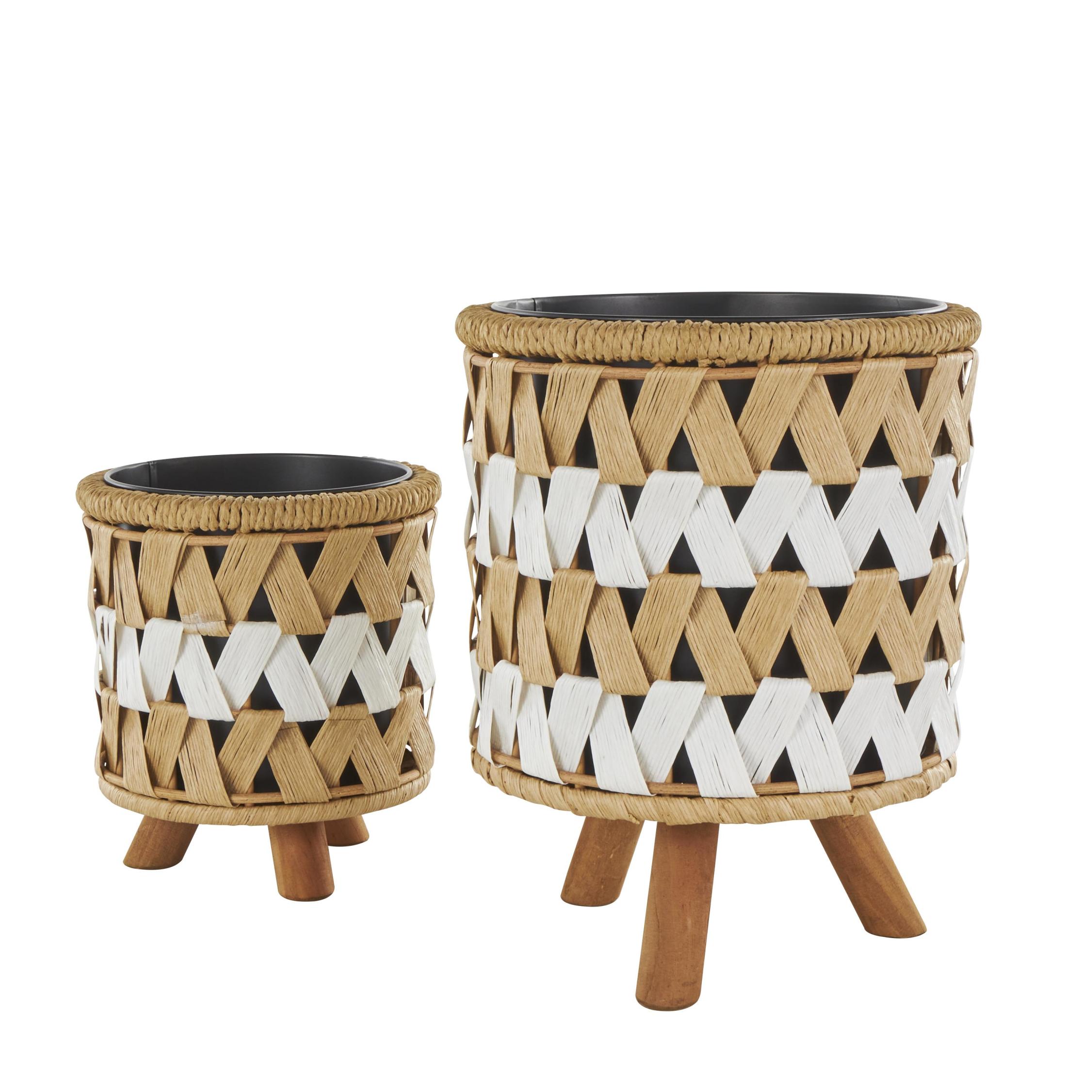 DecMode 13", 9"H Handmade Woven Chevron Brown Jute Rope Geometric Planter with Wooden Legs (2 Count)