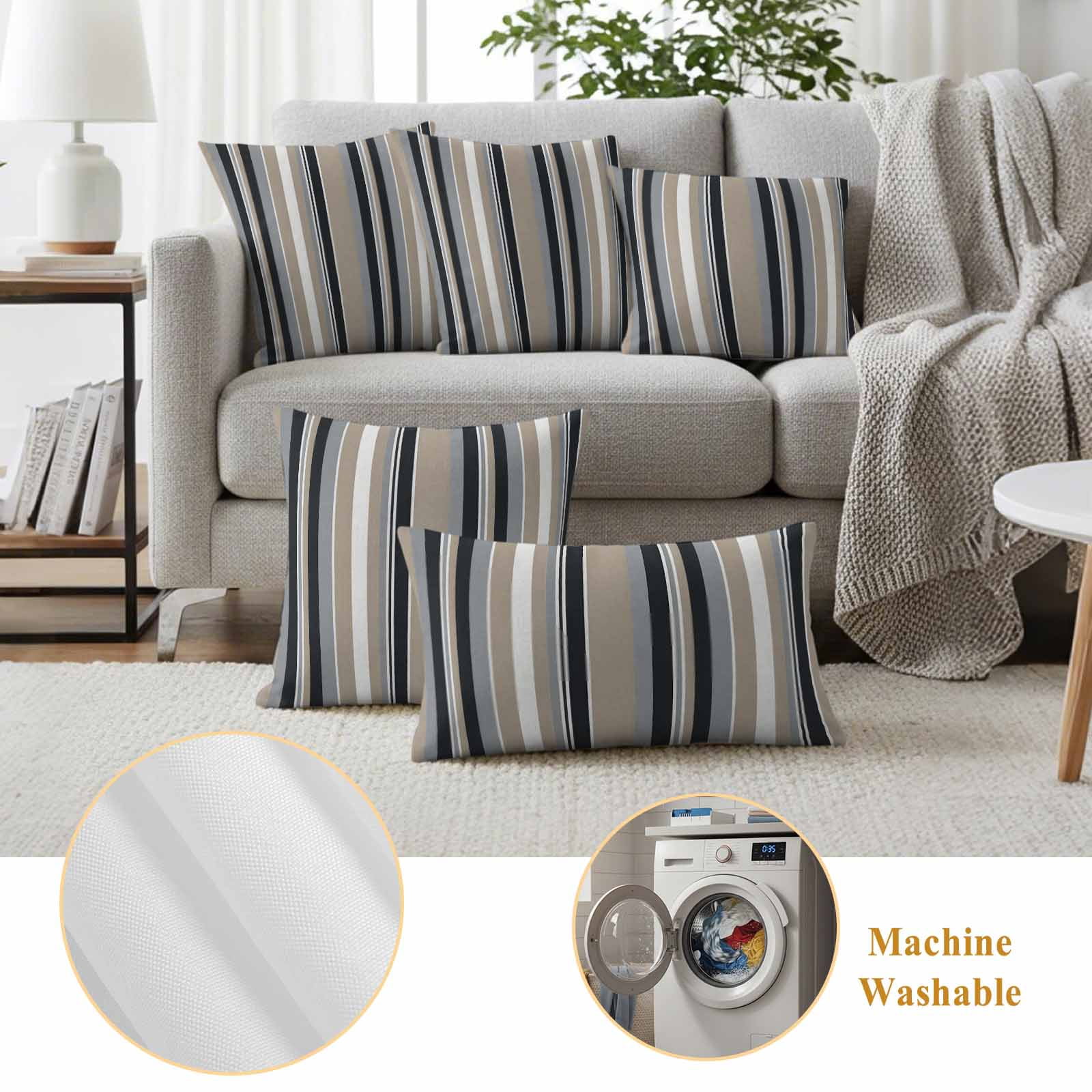 Black Grey Brown Striped Outdoor Waterproof Pillow Covers, Modern Stripes Art Farmhouse Decorative Square Throw Pillowcase Sofa Cushion Sham for Patio/Couch/Chair, 18"x18" 2 Pack
