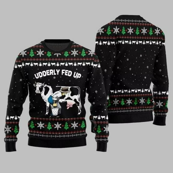 2025 Christmas Cow Udderly Fed Up 3D Christmas Sweater