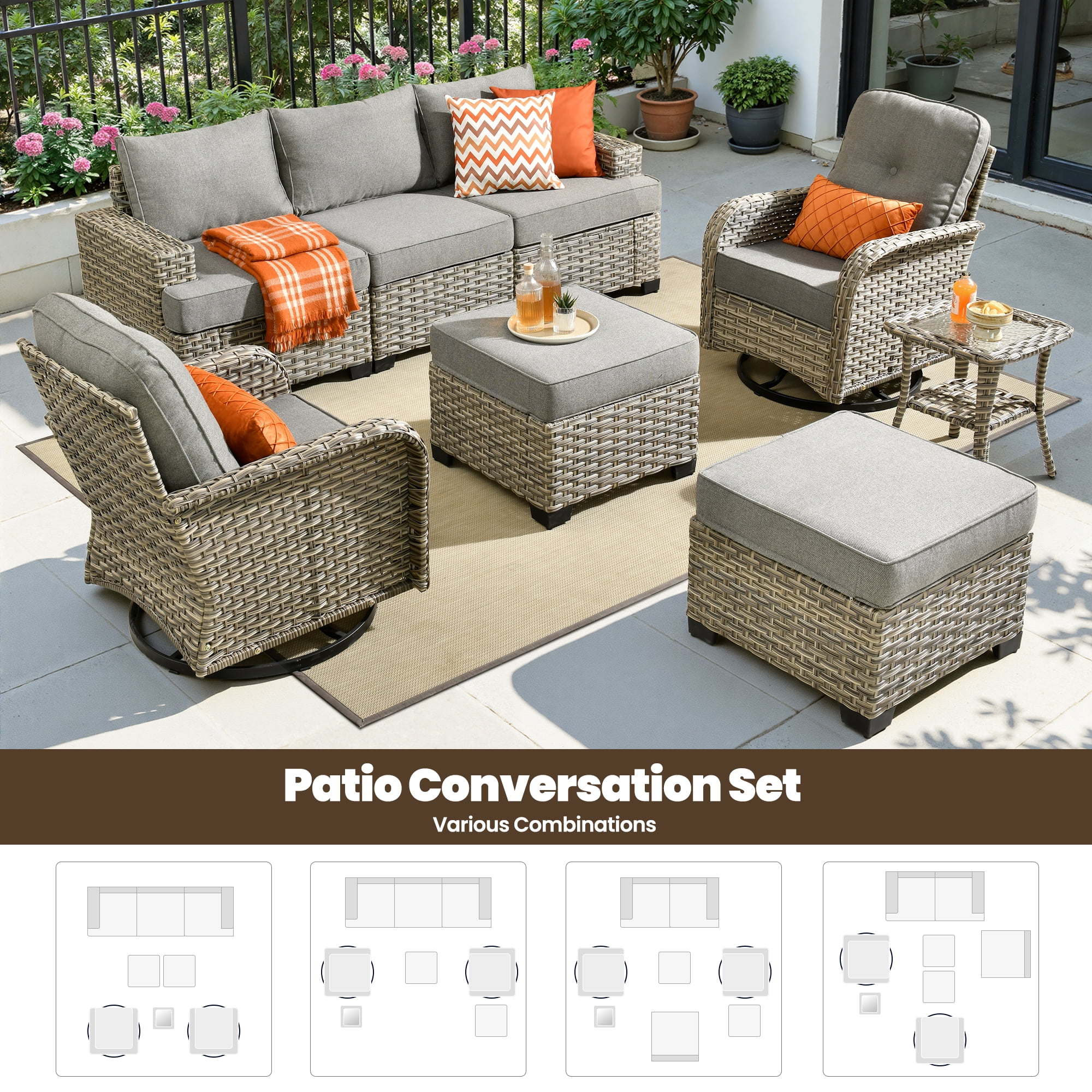 Toject 8 Pieces Patio Furniture Set, All Weather Wicker Patio Conversation Set with Swivel Chairs, Outdoor Furniture with Ottoman for Garden, Dark Gray