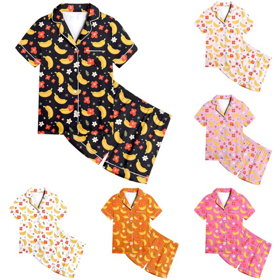 JAJAHO Girls Pajamas For Kids 2-13Y Satin 2 Piece Sets Banana Printed Short Sleeve Button Up Shirts And Shorts Set