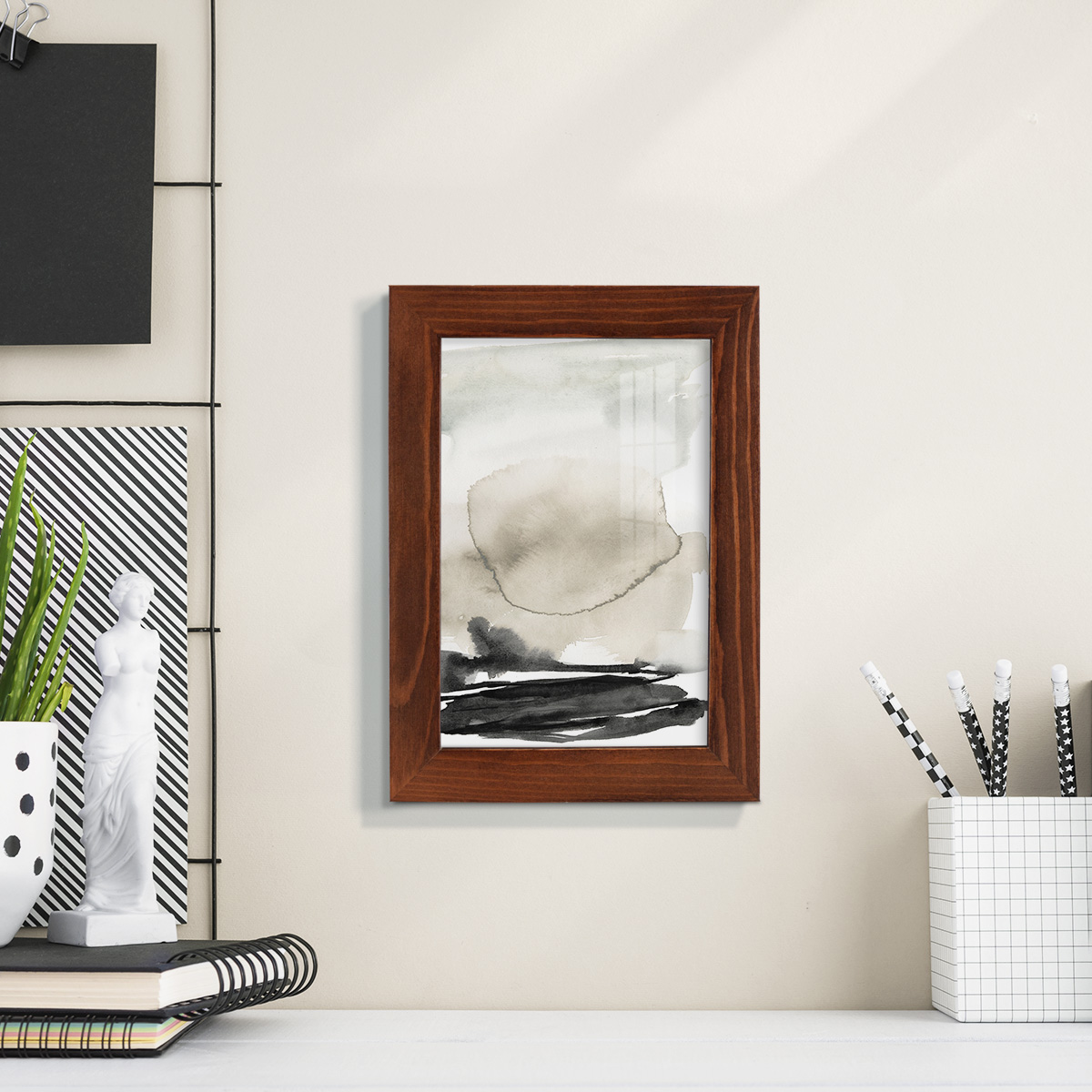Ebony Horizon Triptych II - Framed Print w/glass - Chestnut