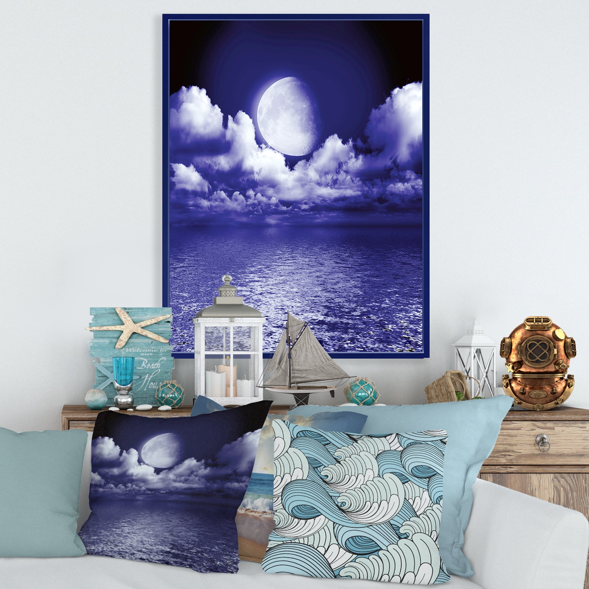 Designart 'Full Moon Night in Cloudy Sky V' Nautical & Coastal Framed Canvas Wall Art Print