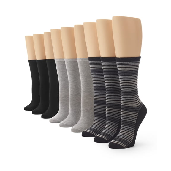 No nonsense Women's Flat Knit Crew Sock 9 Pair Pack, Black Stripe, Black, Grey Heather - 9 Pair Pack, One Size