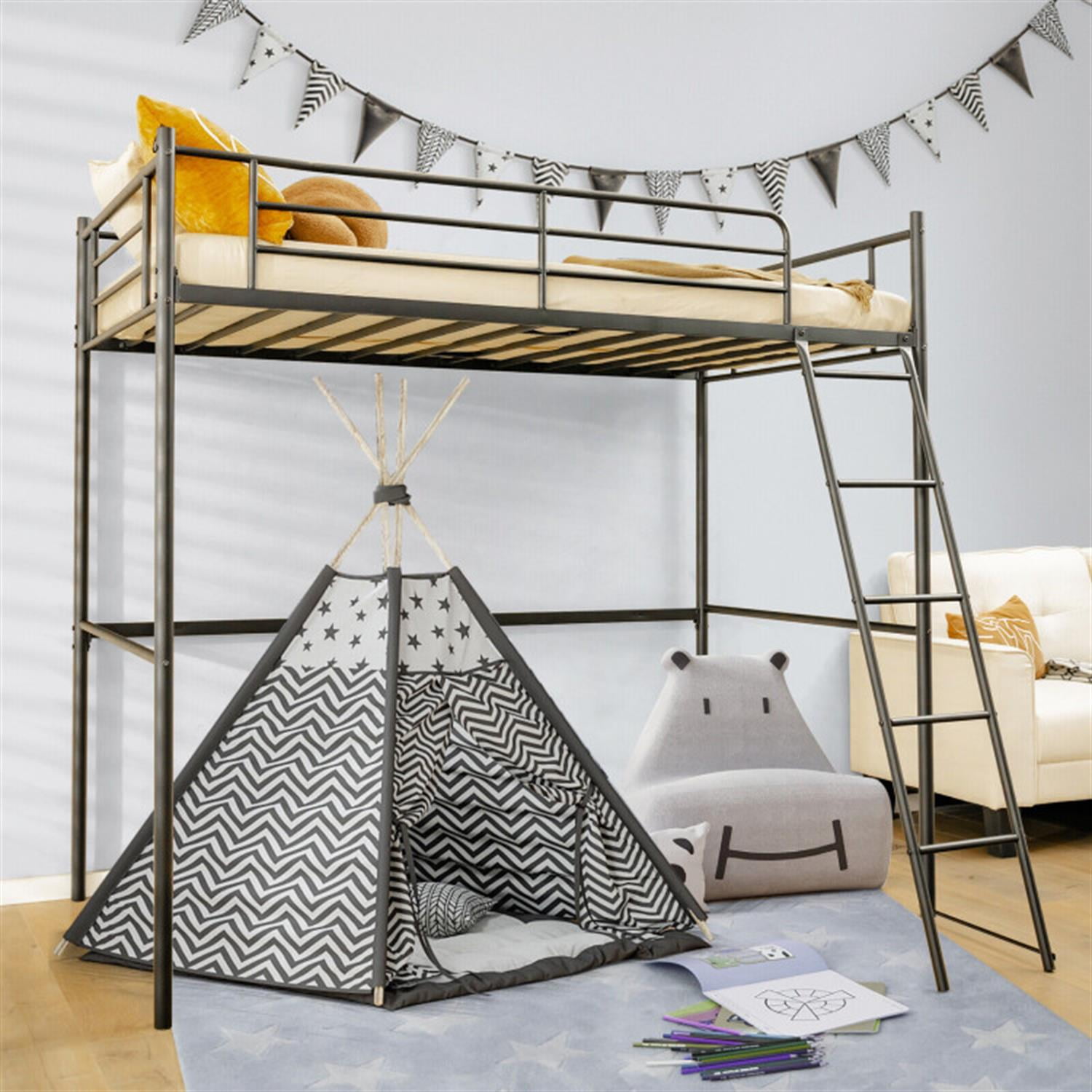Demi Bonn Twin Metal Loft Bed with Ladderand High Guard Rails for Teens, Black