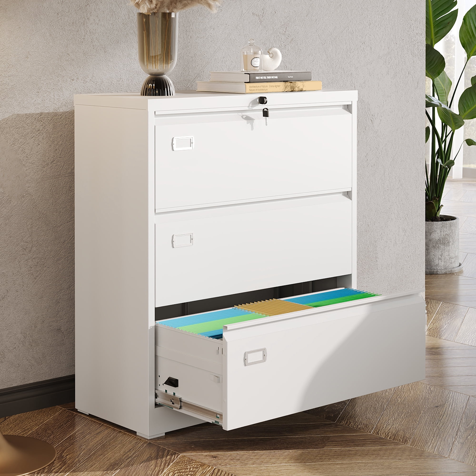 GALAXHERO Lateral File Cabinet with 3 Drawer, Metal Lockable Storage Cabinet for Home Office, Hanging Files Letter/Legal/F4/A4 Size, White