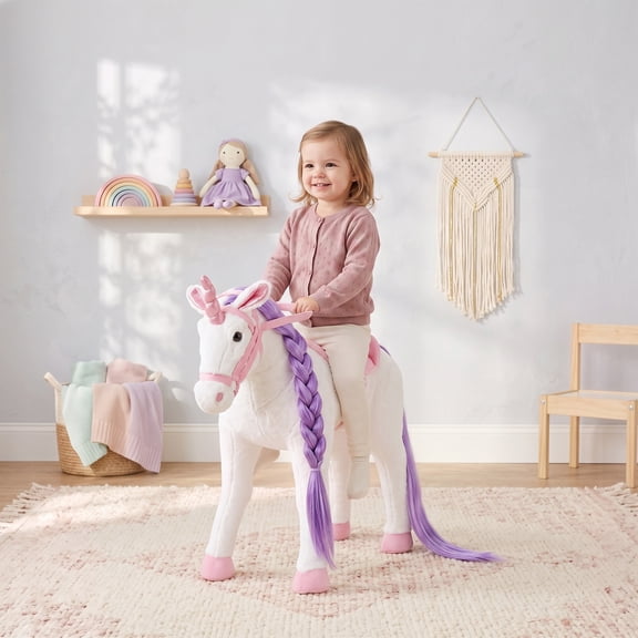 Qaba Ride on Horse for Kids 2 Years, Toddler Riding Horse with Neighing, Stuffed Animal Horse Toy with Padding, White