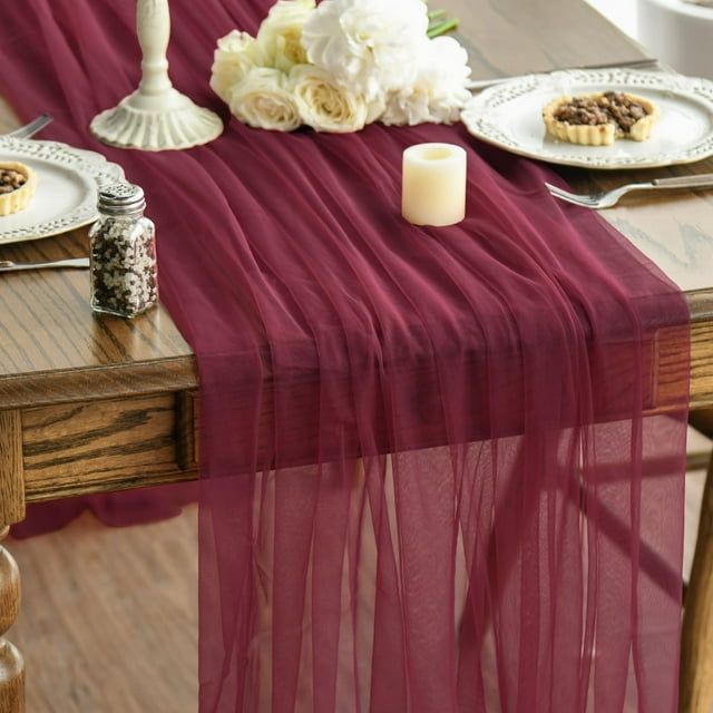 Dusty Rose Gauze Table Runner 120 Inch 10FT, Seasonal Sheer Chiffon Cheesecloth Kitchen Dining Holiday Birthday Table Decor for Home Party