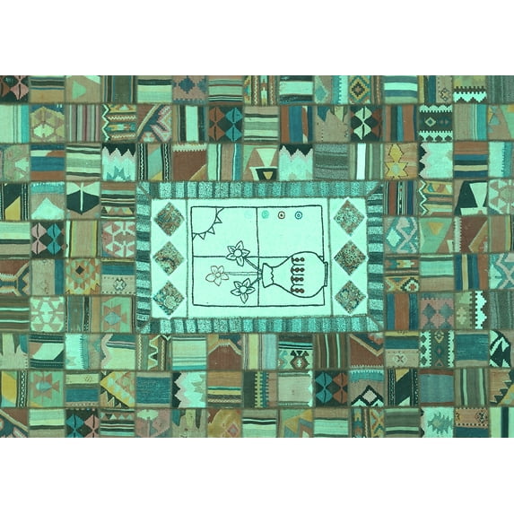 Ahgly Company Machine Washable Indoor Rectangle Oriental Turquoise Blue Traditional Area Rugs, 7' x 10'