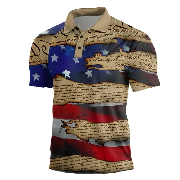 DondPO Mens Shirts Polo Shirts for Men Male Independence Day Raglan Sleeve Multi Button Lapel Print Festive Celebration Top Henley Shirts Mens Tops Khaki XXL