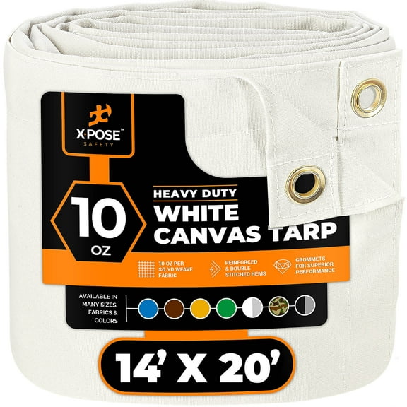 Xpose Safety Canvas Tarp - 10oz White Poly Canvas Tarps Heavy Duty Water Resistant with Brass Grommets- Multipurpose Outdoor Tarpaulin for Camping, Canopy, Trailer, Equipment Cover 14' x 20'
