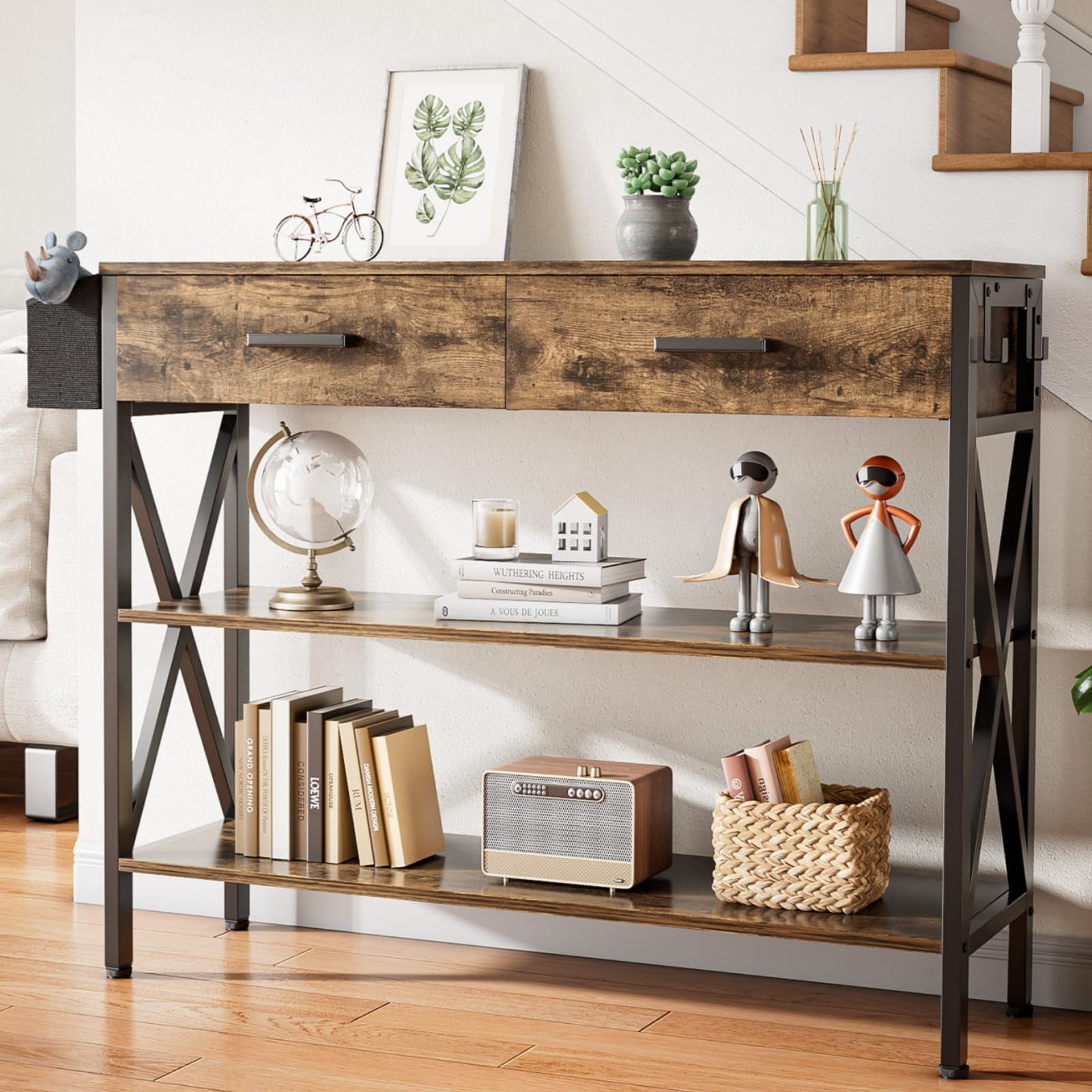 Aiho 39" Entryway Table with 2 Drawers, Modern Console Table with 3 Tier Storage Shelves, Sofa Table for Livingroom, Entruway, Small Spaces, Retro