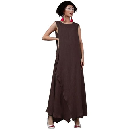 - Womens Dresses Sleeveless Retro Loose Casual Kaftan Long Maxi