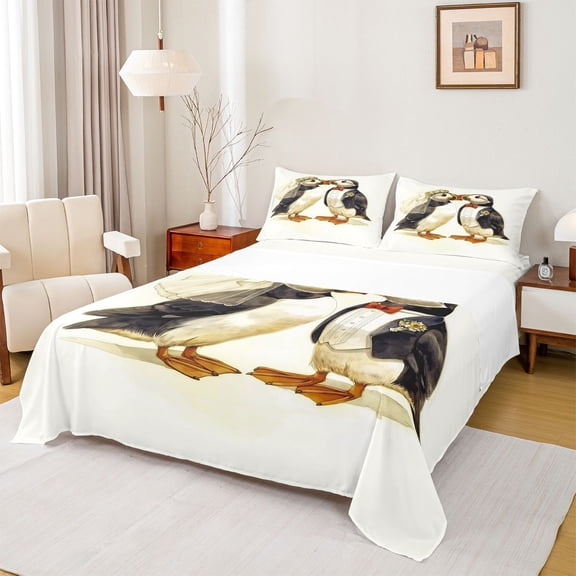 jejeloiu Wedding Seagull Couple Full Size Sheets Kids,Watercolor Love Bird Print Bed Sheets For Girls,4pcs