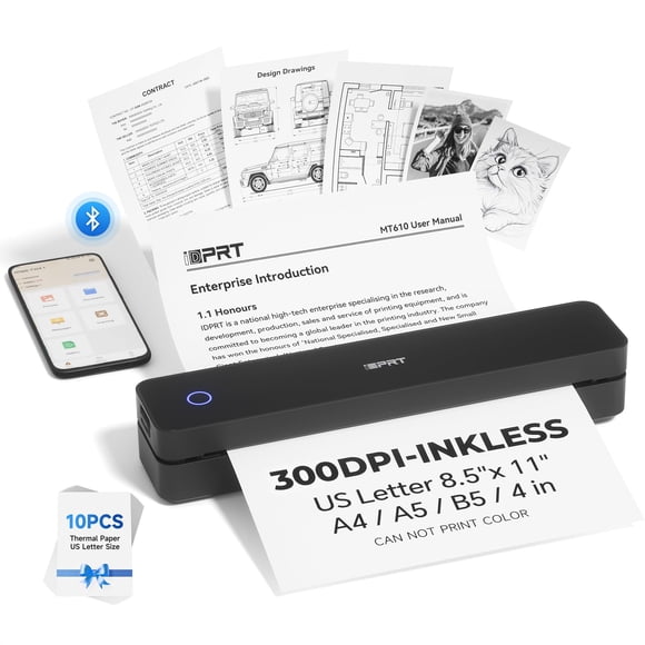 iDPRT Portable Printer Wireless for Travel - Bluetooth Mobile Printer Support for 8.5"x11" US Letter, Inkless Compatible with iOS, Android, Laptop fo