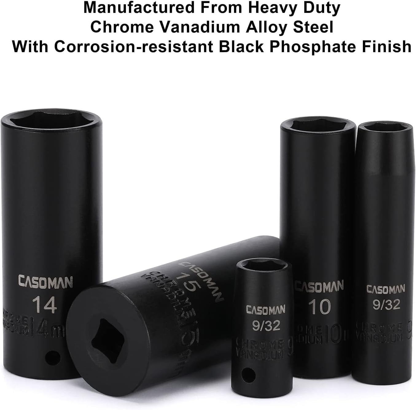 CASOMAN 1/4 Inch Drive Master Impact Socket Set, 50-Piece, 6-Point, SAE/Metric, 5/32 Inch - 9/16 Inch, 4mm - 15mm, Standard/Deep,CR-V
