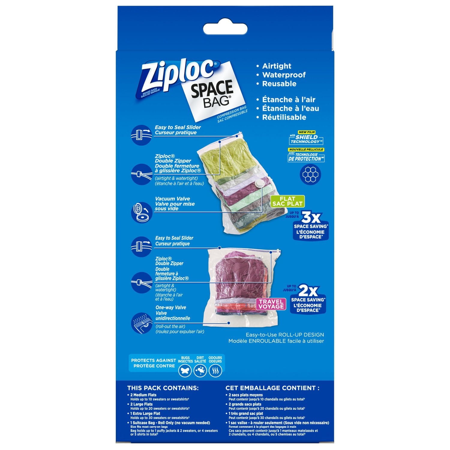 Ziploc Space Bag Vacuum Bags Variety Pack, 6 Bags (2 Medium, 2 Large, 1 Extra Large Flat bags, and 1 Travel bag)