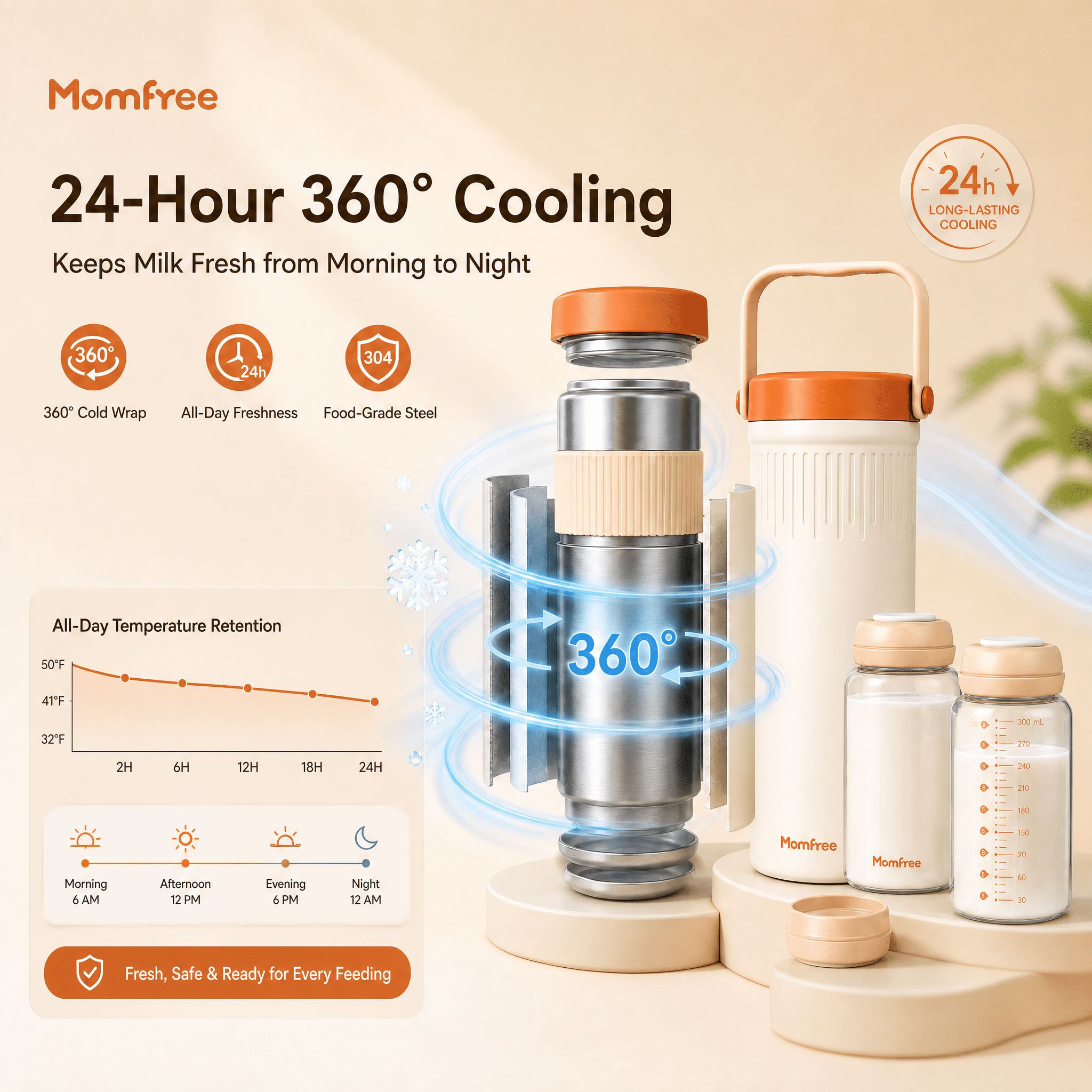 Momfree 22oz Portable Breast Milk Cooler, 24H 360° Continuous Cooling, Stainless Steel Breastmilk Chiller with 2 BPA-Free Bottles for Travel