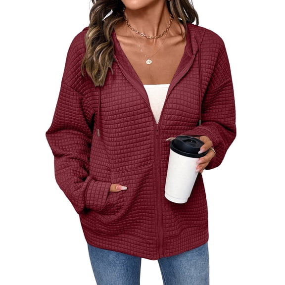 Eytino Hoodies for Women Zip Up Hoodies Oversized Sweatshirts Casual Waffle Hooded Sweatshirt with Pocket S-2XL