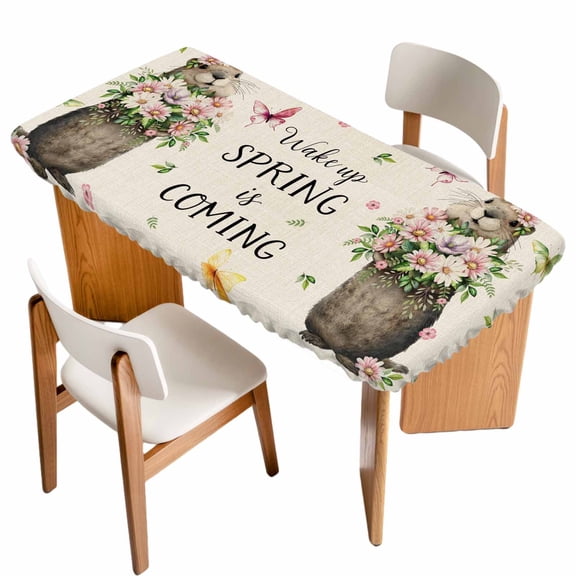Rustic Groundhog Table Cloths for 6 Foot Rectangle Tables, Spring Floral Butterfly Botanical Patio Waterproof Elastic Fitted Tablecloths, Washable Rectangular Table Cover for Camping