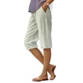 thumbnail image 3 of Josdec Women's Casual Striped Linen Bermuda Shorts Elastic High Waist Straight Leg Knee Length with Pockets for Summer Daily Beach Wear, 3 of 7
