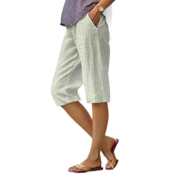 Jewelreauty Women's Striped Shorts Cotton Linen Straight Leg Elastic High Waist Casual Long Shorts Beach Summer (XL, Green)