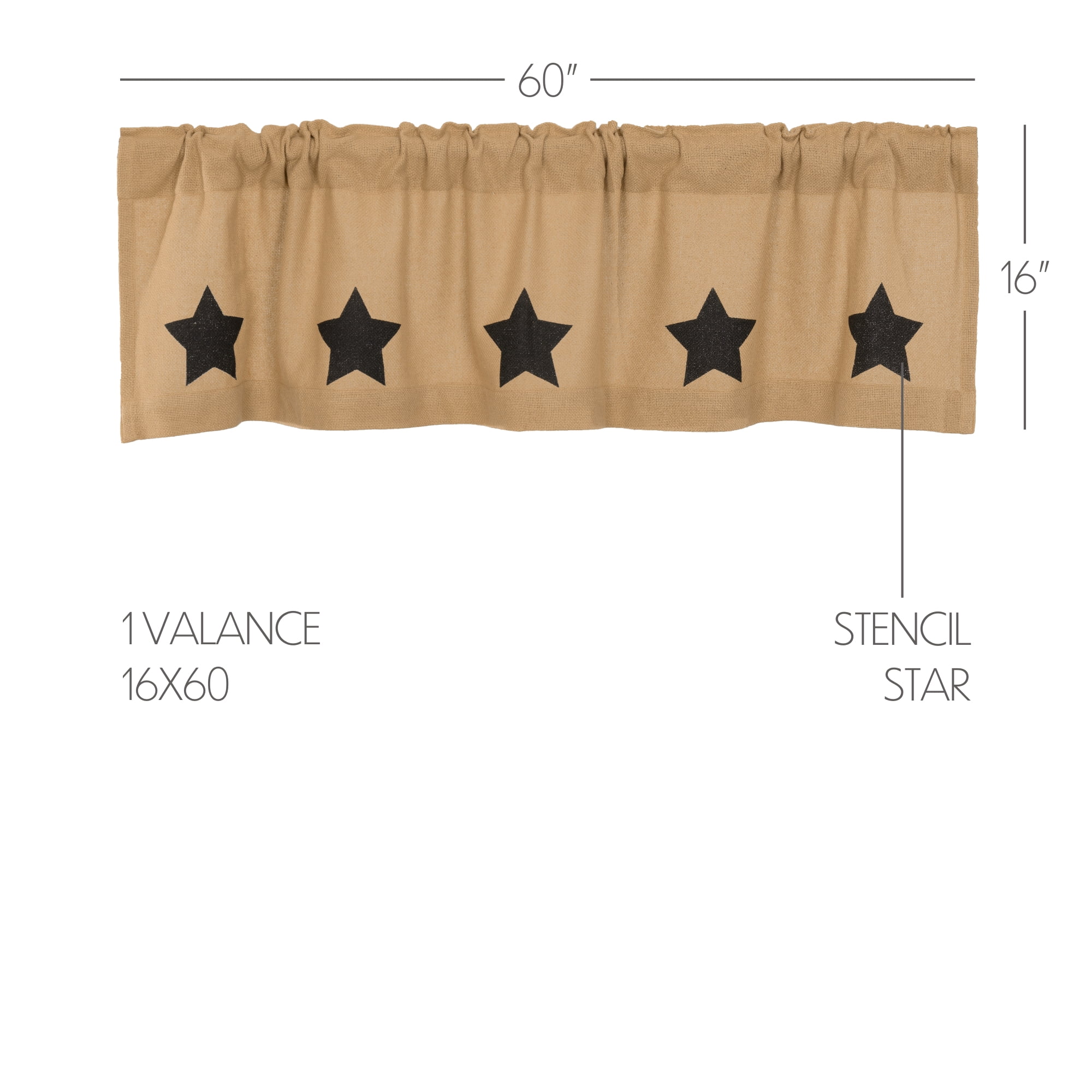 VHC Brands Burlap Natural with Black Stars Primitive 16"x60" Valance Tan Rod Pocket Stenciled Cotton Kitchen Window Curtains