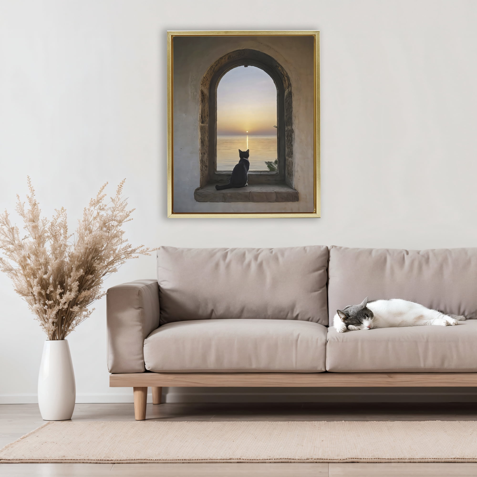 Stupell Industries Cat Overlooking Water at Sunset Gold Framed Floater Canvas Wall Art, design by Creative Studio