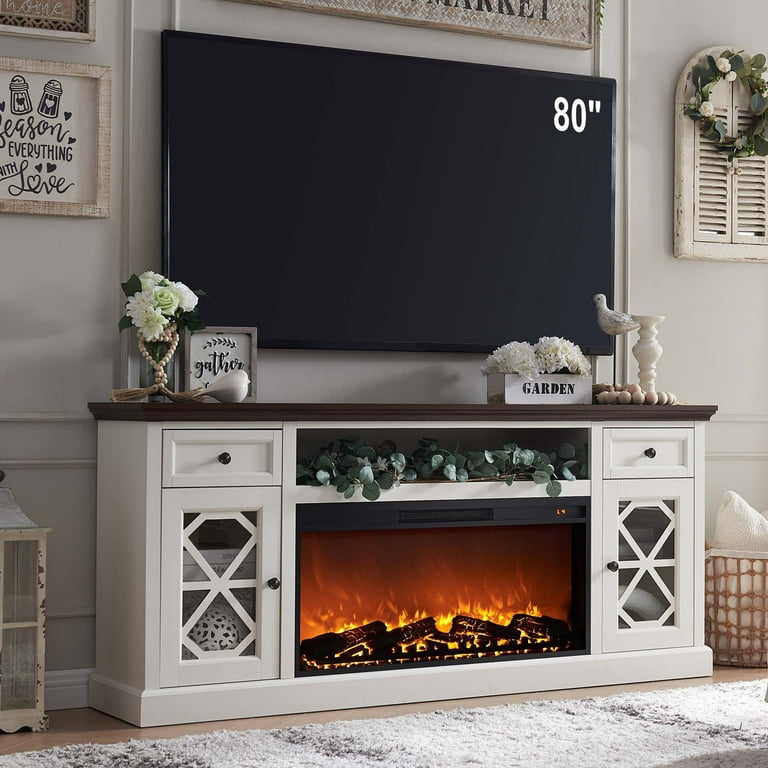 IFGET Fireplace TV Stand for 75 inch TV 31 Tall Entertainment Center w Drawer Diamond Panel Door Farmhouse TV Stands for Living Room Walmart
