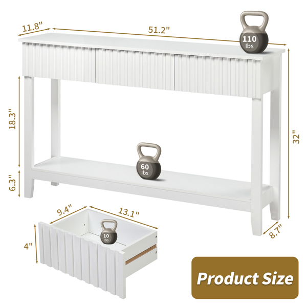 Modern White Console Table with 3 Drawers & Open Shelf, 51.2" Sofa Table for Entryway, Hallway, Behind Couch, MDF Construction, Handleless Design