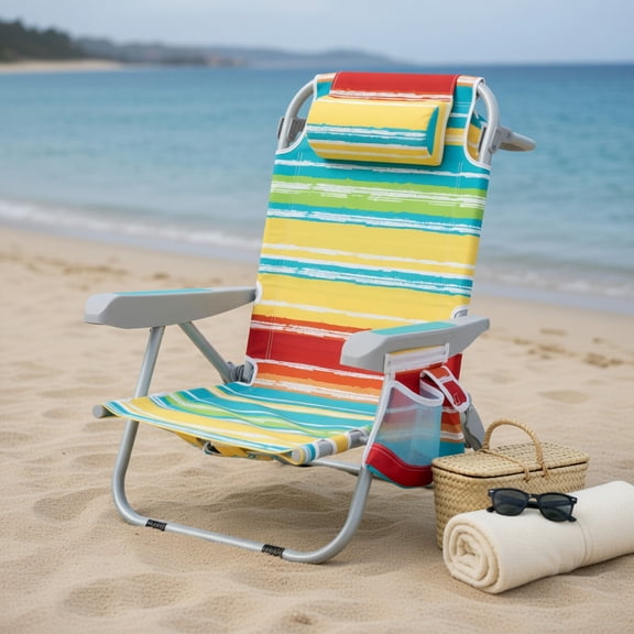 Spaco 1 Piece Foldable Backpack Beach Chair, Beach Chair with Cup Holder and Storage Pockets for Patio, Garden, Backyard, Multicolor