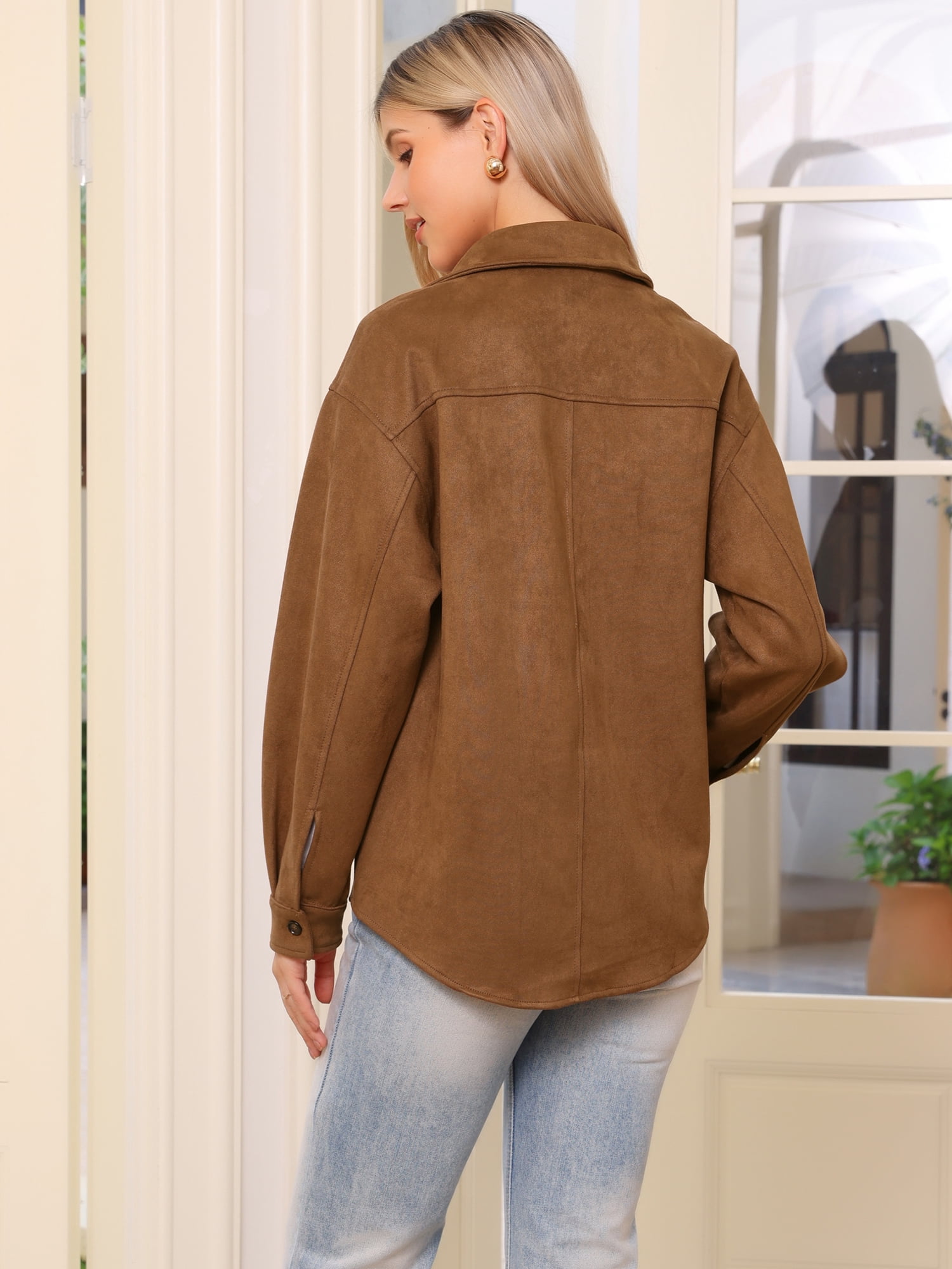 DARING DIVA Faux Suede Turn-Down Collar Long Sleeve Button Down Jackets XS Brown