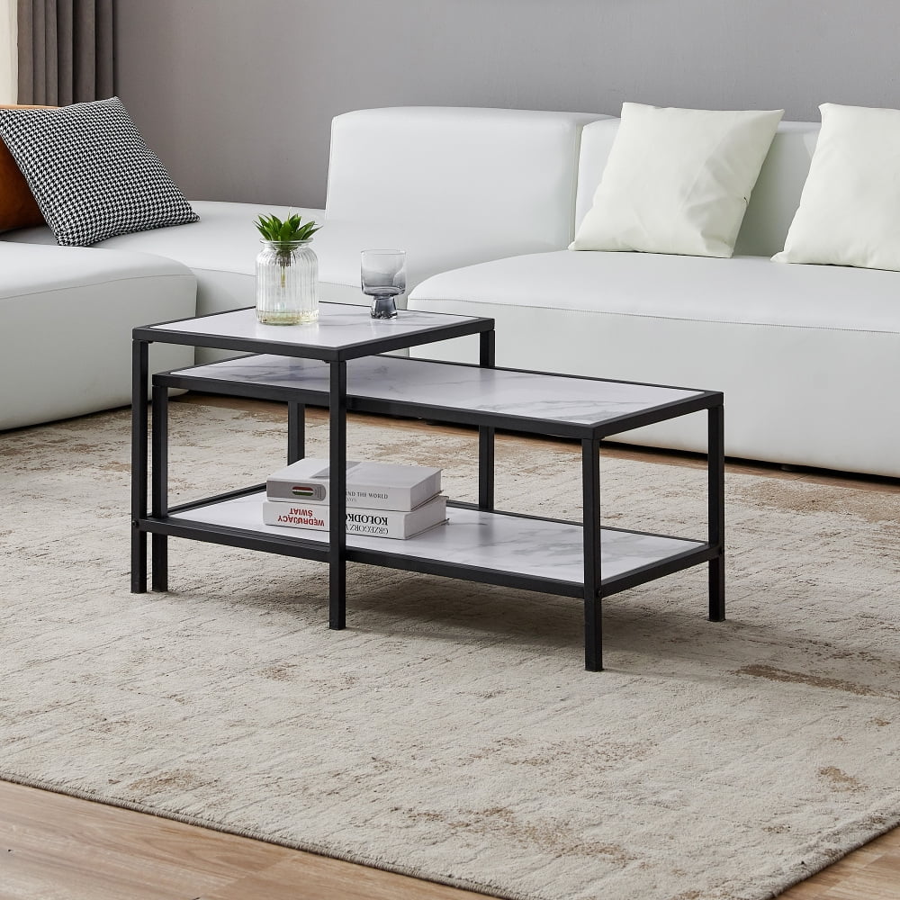 Hassch 2pcs Modern Nesting Coffee Tables Square Rectangle End