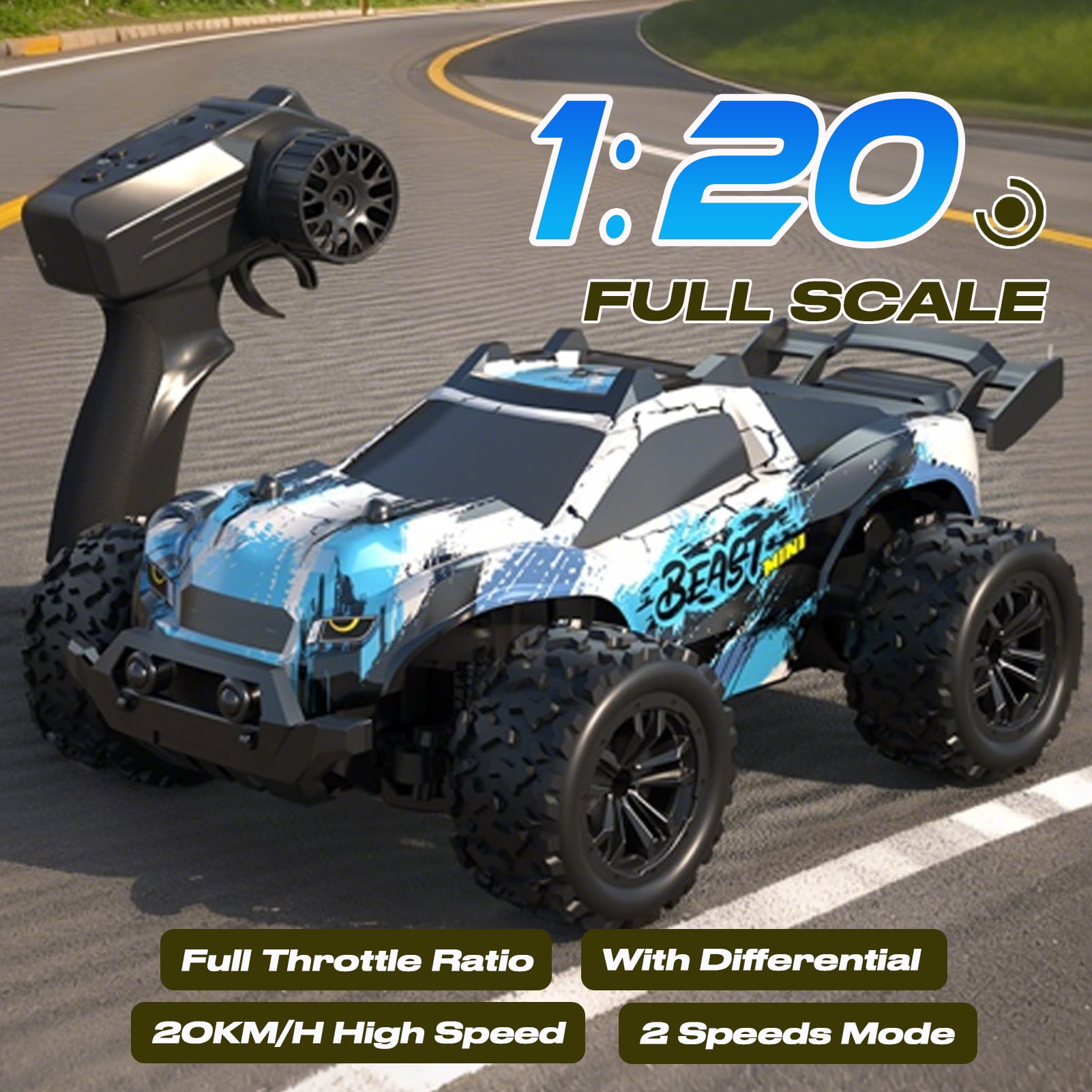 High Speed 1:20 Scale Fast RC Car, 20 KM/H, 2.4Ghz Remote Control, Off-Road Racing Vehicle with LED Lights, 2 Speed Modes, Hobby Grade All Terrain Trucks for Adults and Boys