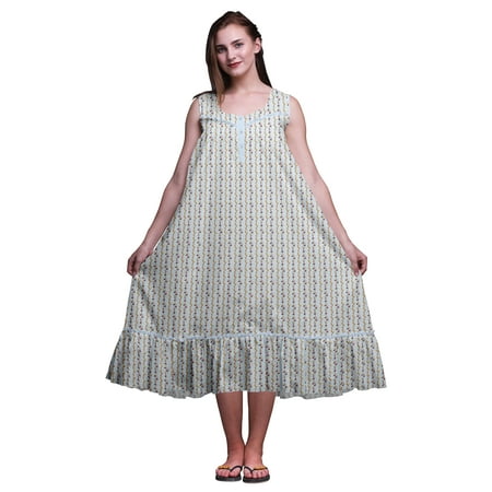 

Bimba Light Steel Blue7 Stripe Flower & Bee Cotton Nightgowns For Women Mid-Calf Printed Sleepwear Night Dress Large