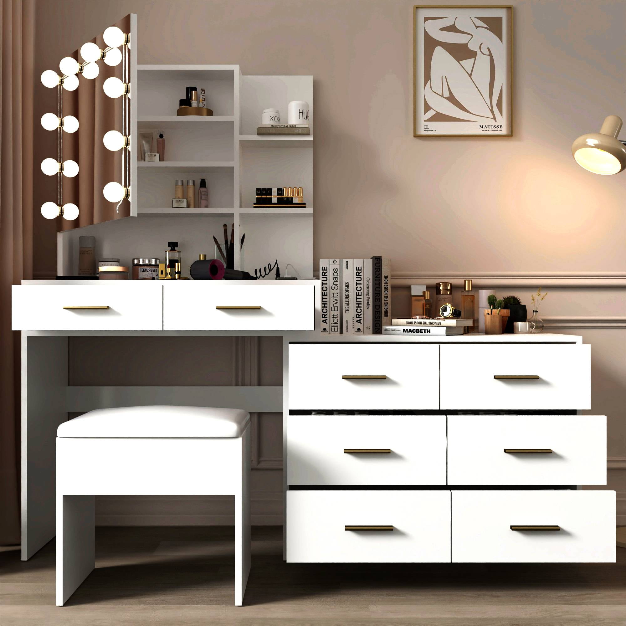 Ktaxon Makeup Vanity with 8 Drawers&Charging Station, Vanity Desk with 3 Color Light, Vanity Table Set w/ Drawer Dresser, White